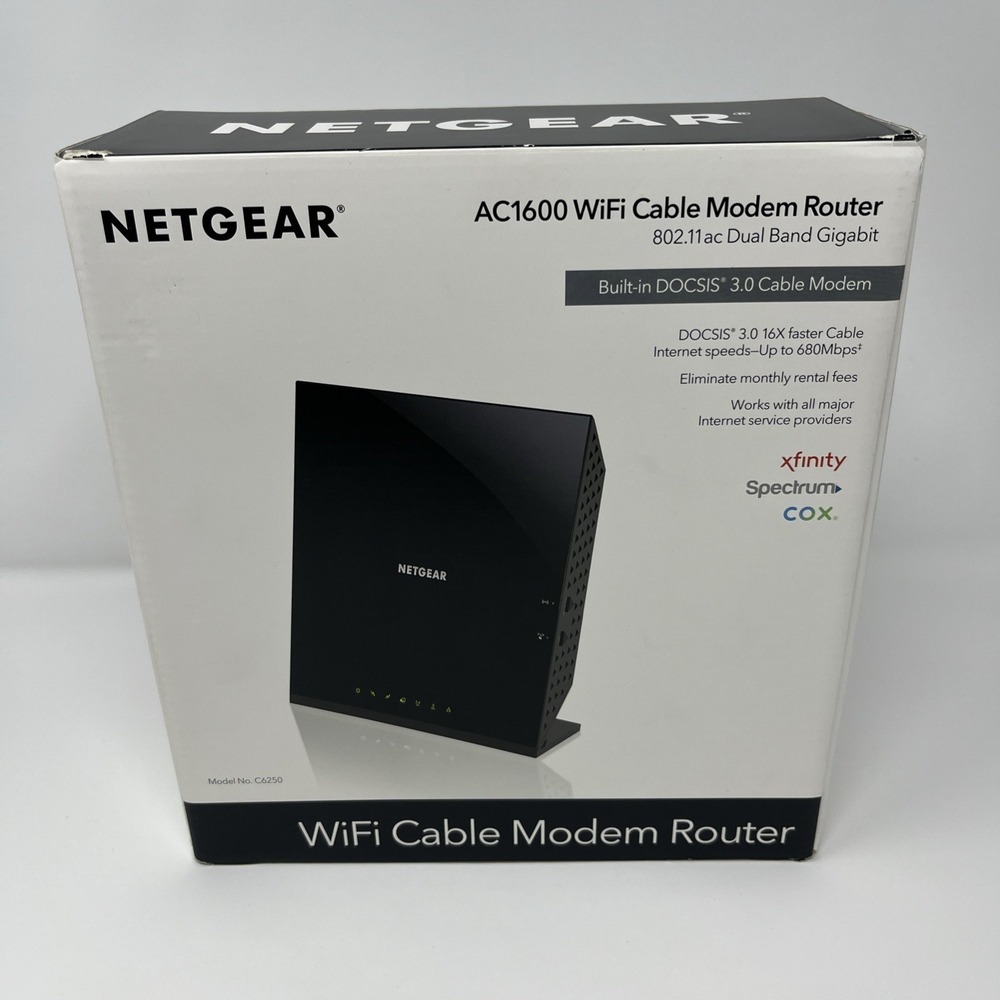 NETGEAR AC1600 Wifi Cable Modem Router C6250 - Black